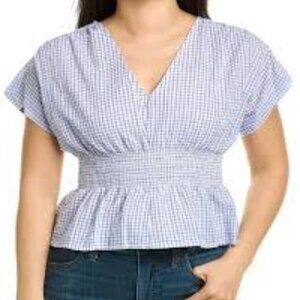 Madewell Gingham Gauzy Peplum Short Sleeve Blouse XL Blue Lightweight Spring